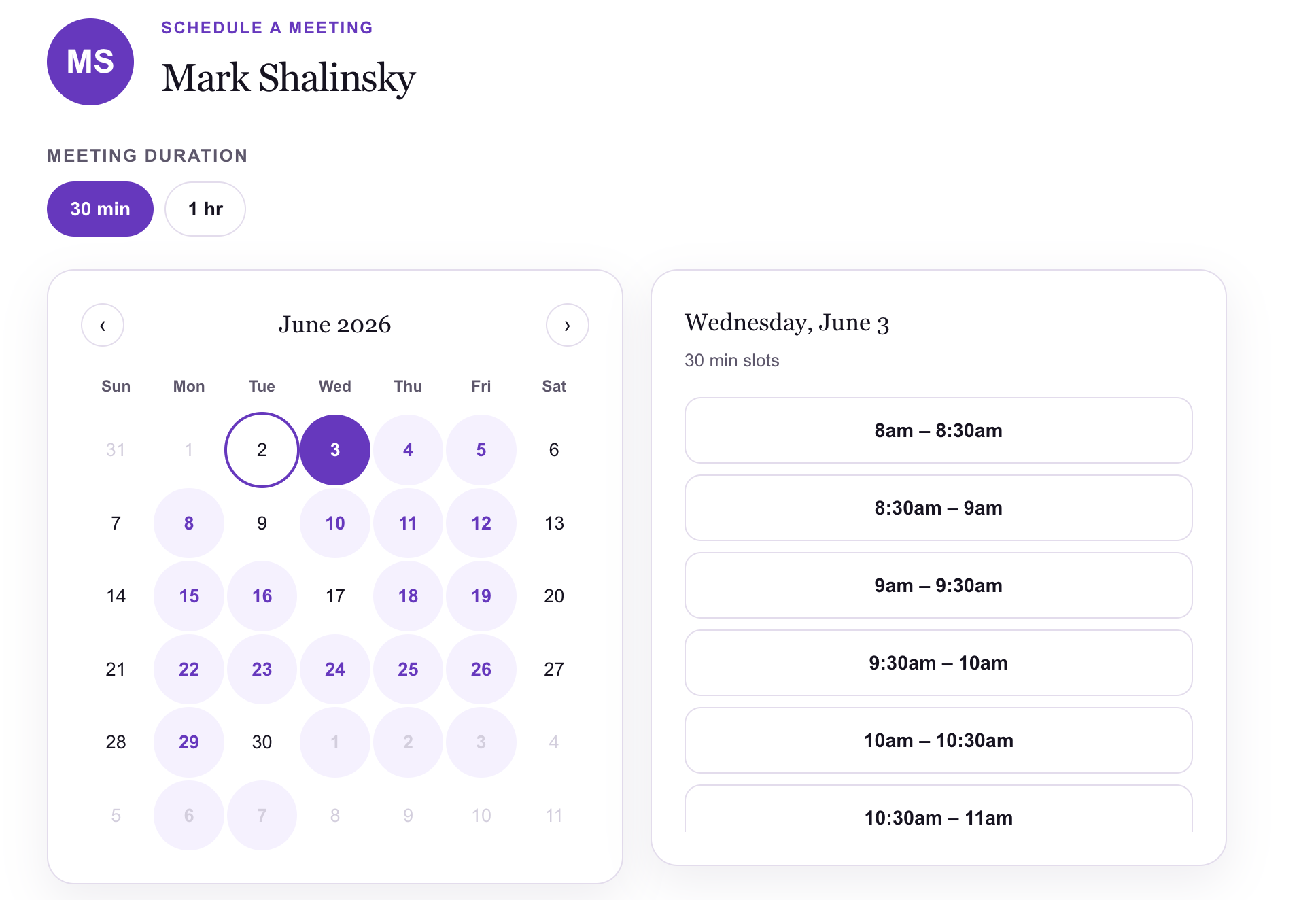 SendMyAvailability booking page