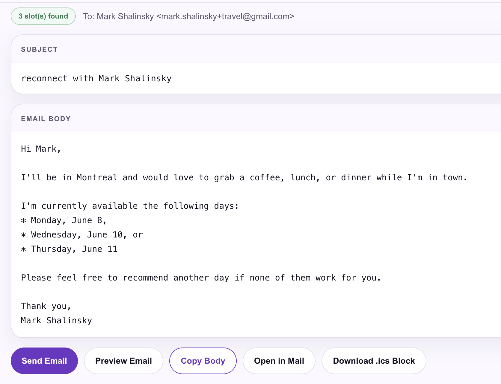 SendMyAvailability generated email output