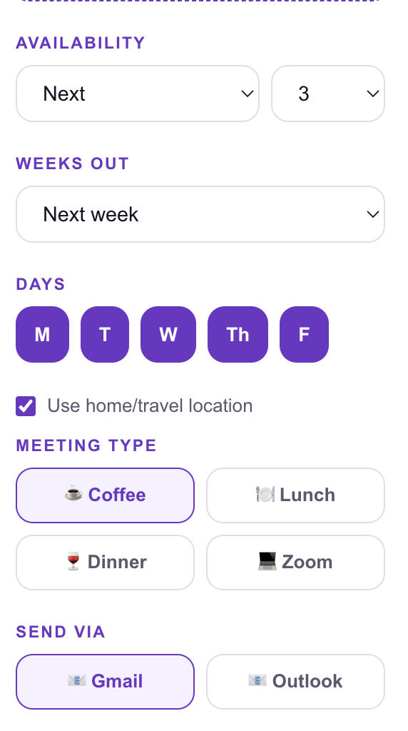 SendMyAvailability generator screen
