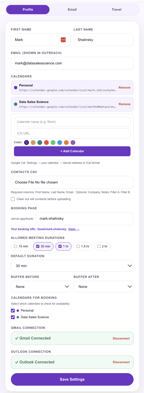 SendMyAvailability settings screen