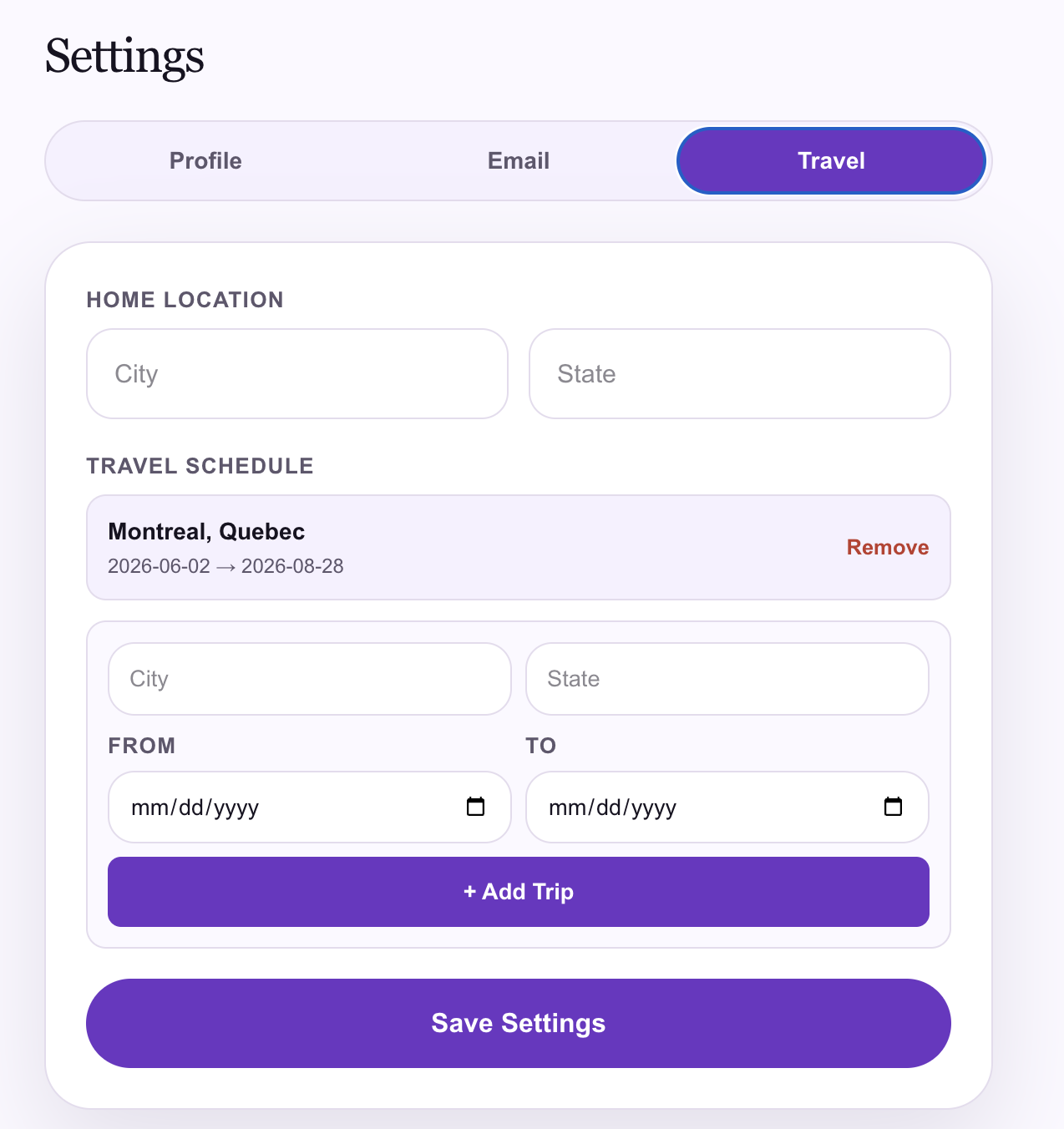 SendMyAvailability travel mode settings